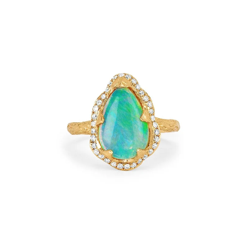 18k One of A Kind Water Drop Premium Blue Opal Queen Ring with Pavé Diamond Halo | Ready to Ship