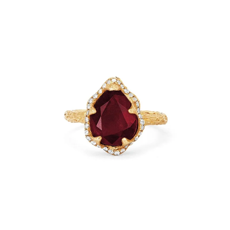 Baby Queen Water Drop Natural Ruby Ring with Full Pavé Diamond Halo