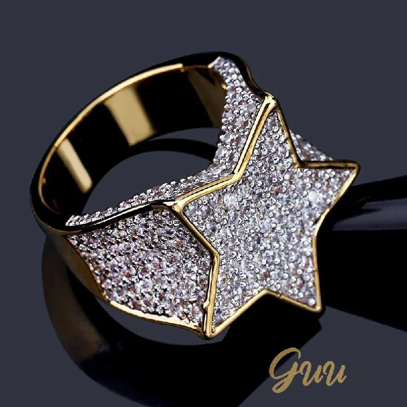 Gold-Plated Micro-inlay CZ Pentagram Ring