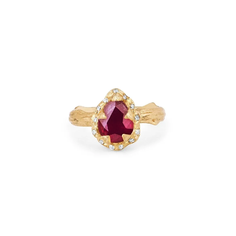 Micro Queen Water Drop Natural Ruby Rose Thorn Ring with Sprinkled Diamonds