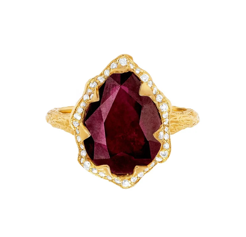 Queen Water Drop Natural Ruby Ring with Full Pavé Diamond Halo