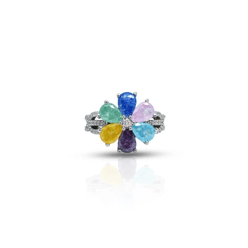 Silver Colourful Flower Leaf Ring