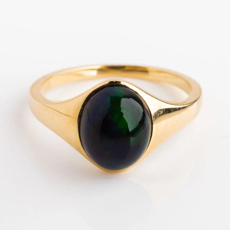 Solid Gold Black Opal Aura Signet Ring