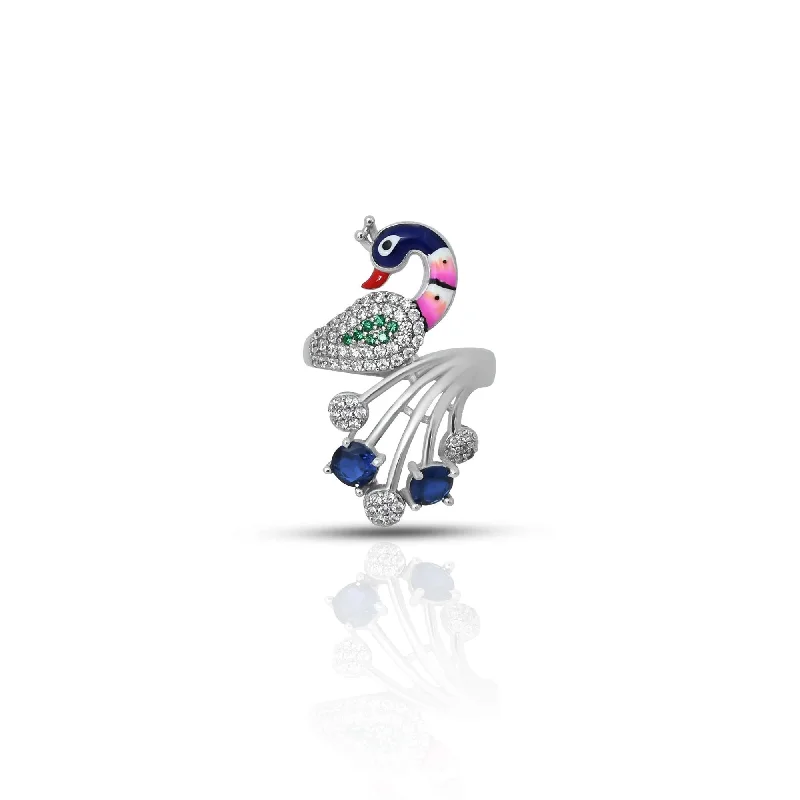 Sterling Silver Blue Stone with Peacock Design Ring for Girls