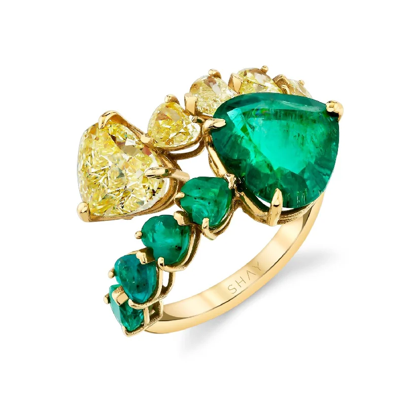 YELLOW DIAMOND & EMERALD HEART BYPASS RING