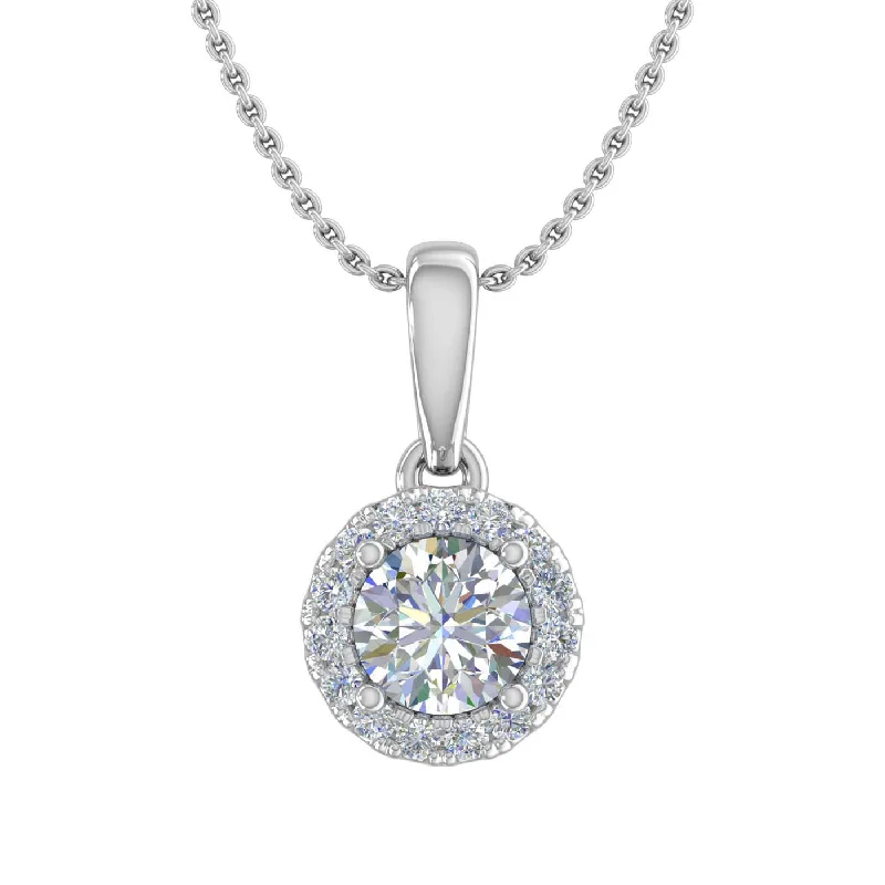 1/2 Carat Diamond Halo Pendant Necklace in Gold (Silver Cable Chain)