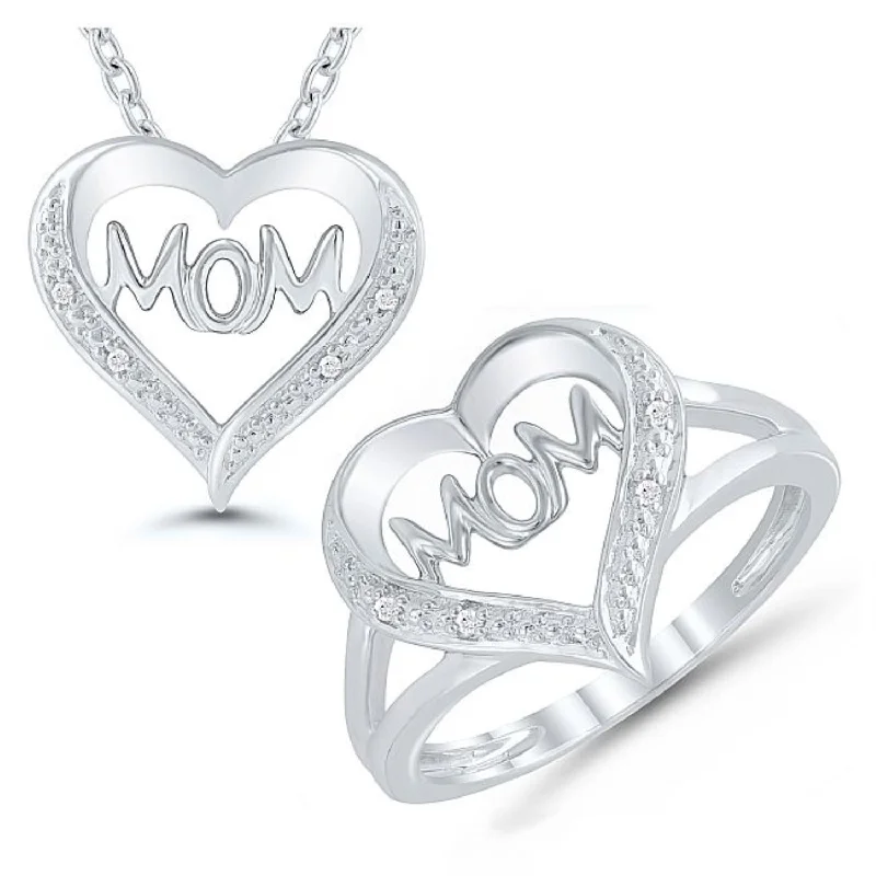 1/25 CTW Diamond Mom Heart Box Set Ring 18-inch Pendant in Sterling Silver