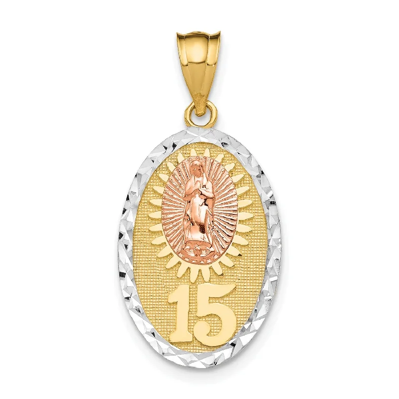 14KT Gold Tri-Color 22X14MM Guadalupe Quinceanera Pendant. Chain Not Included