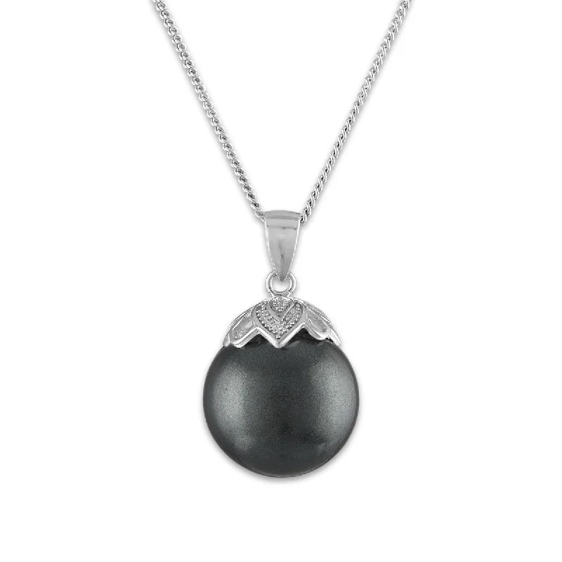 14MM Round Shell Pearl Black 18-inch Pendant in Rhodium Plated Sterling Silver