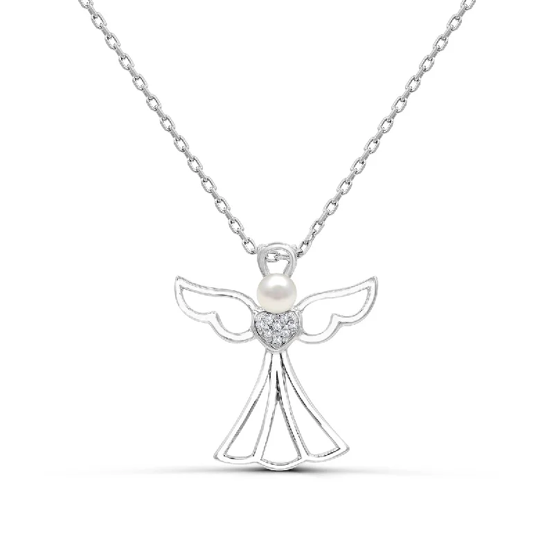 3.5MM Round Pearl and White Sapphire Angel 18-inch Pendant in Sterling Silver