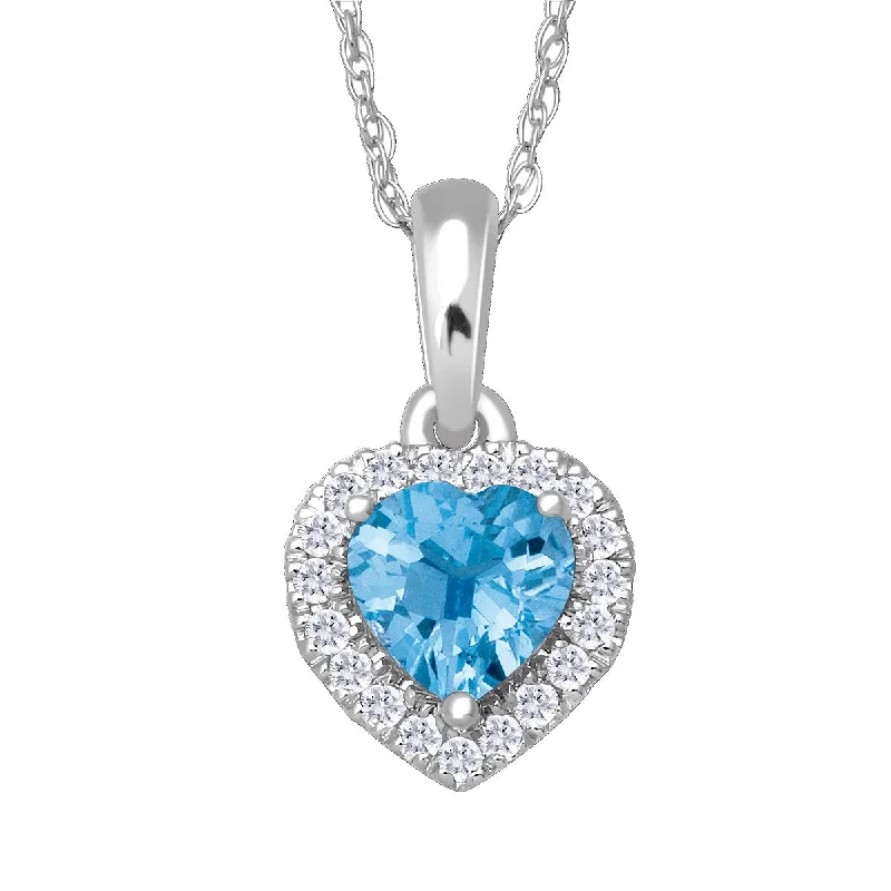 5MM Heart Shape Blue Topaz and White Sapphire Birthstone Halo 18-inch Pendant in 10KT White Gold