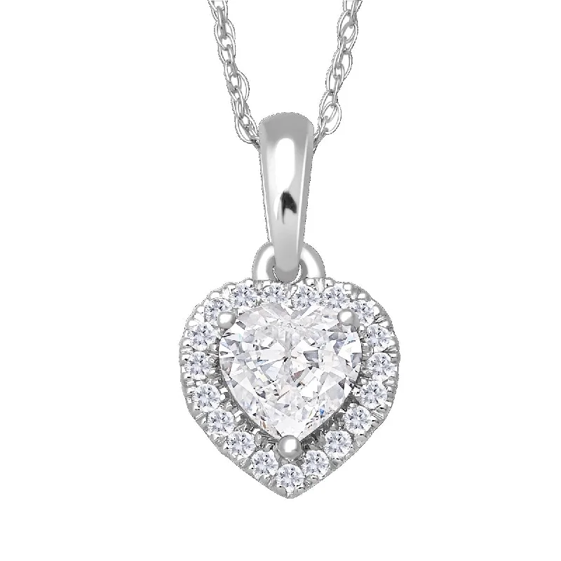 5MM Heart Shape White Topaz and White Sapphire Birthstone Halo 18-inch Pendant in 10KT White Gold