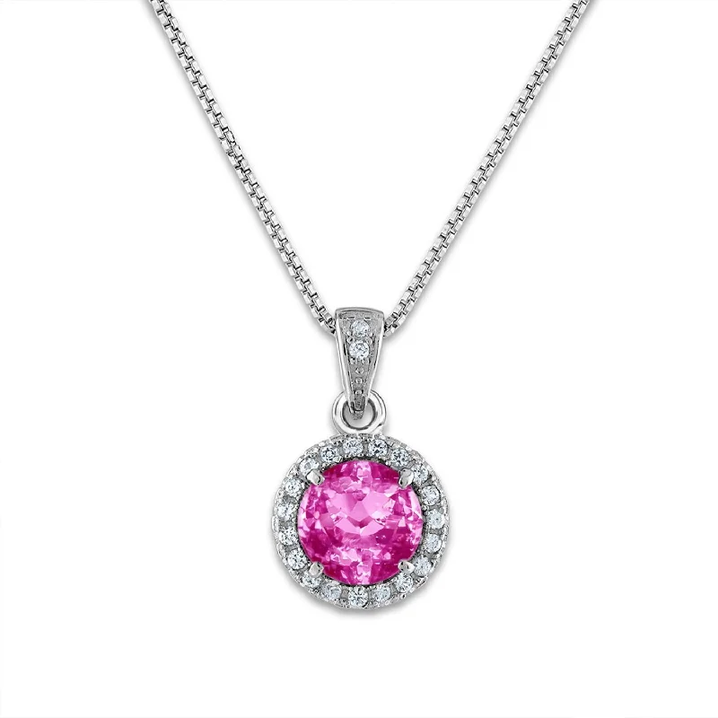 6MM Round Pink Sapphire and White Sapphire Birthstone 18-inch Pendant in Sterling Silver