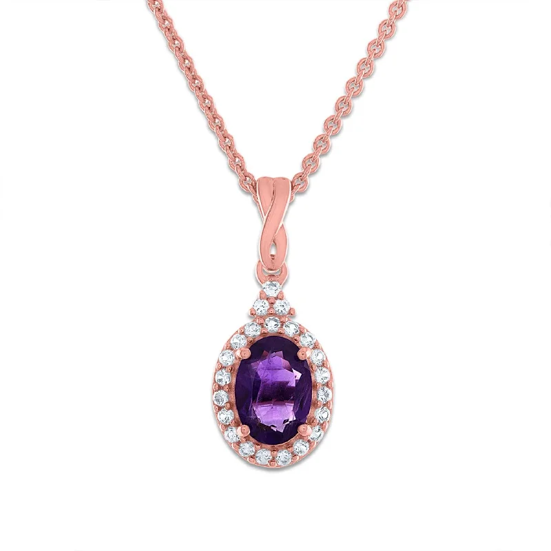 7X5MM Oval Amethyst and Sapphire Birthstone Halo 18-inch Pendant in 10KT Rose Gold