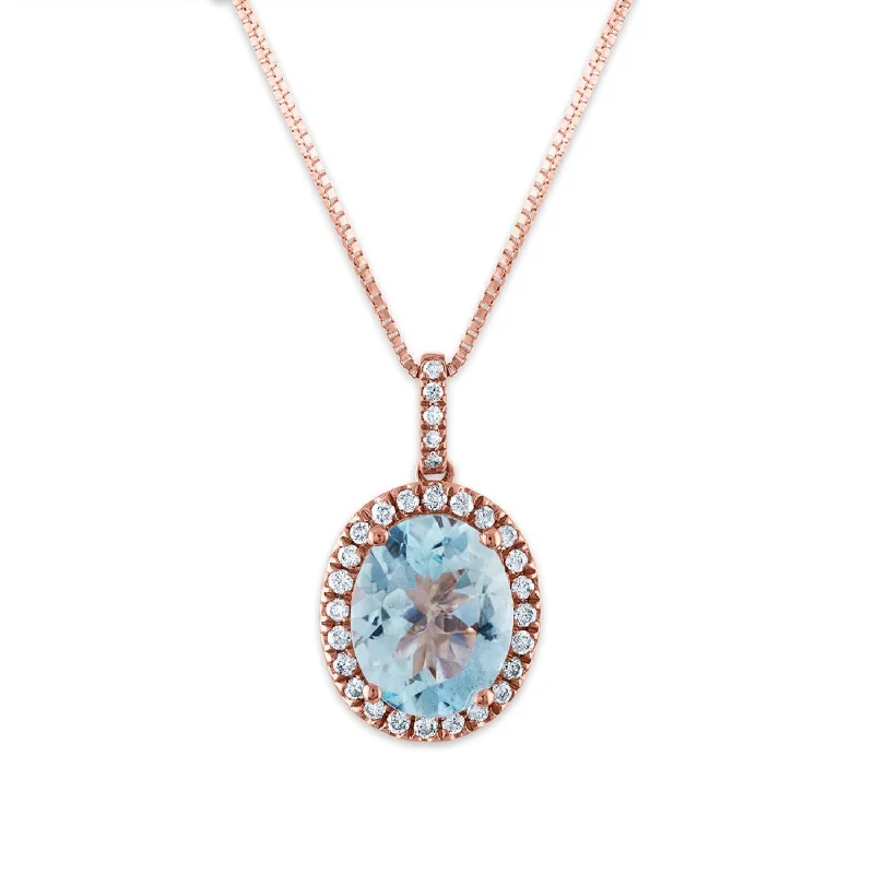 9X7MM Oval Aquamarine and Diamond Halo 18-inch Pendant in 14KT Rose Gold