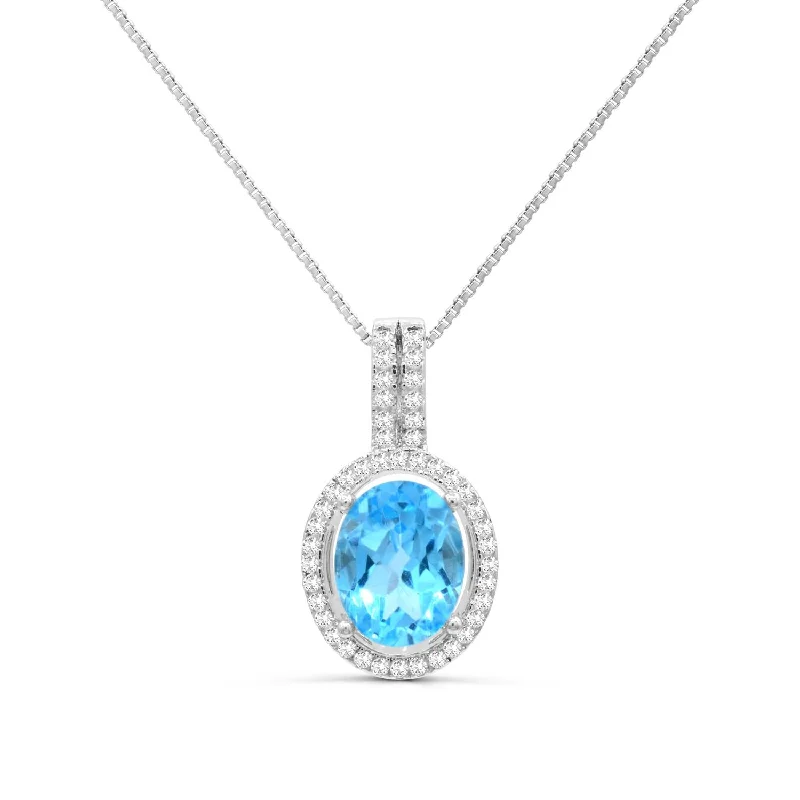 9X7MM Oval Blue Topaz and White Topaz Halo 18-inch Pendant in Sterling Silver