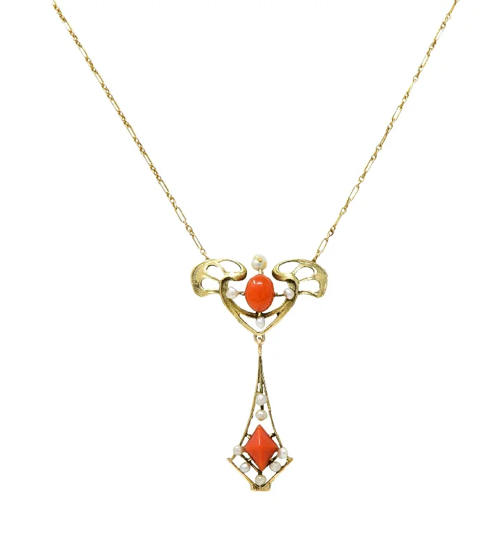 Art Nouveau Pearl Coral 14 Karat Yellow Gold Whiplash Antique Station Drop Necklace