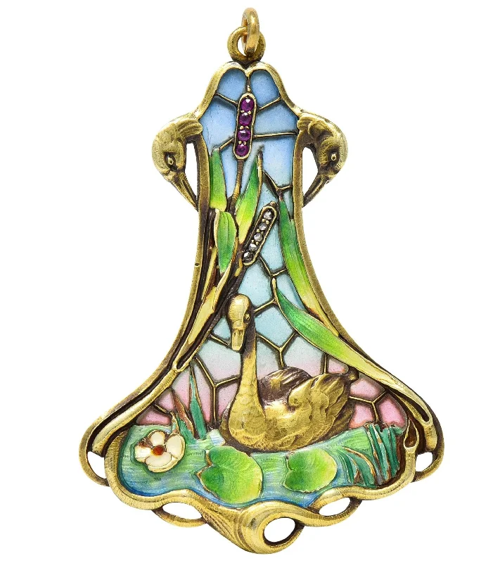 Art Nouveau Plique-A-Jour Enamel 14 Karat Gold Antique Swan Bird Lake Lily Pad Pendant Necklace