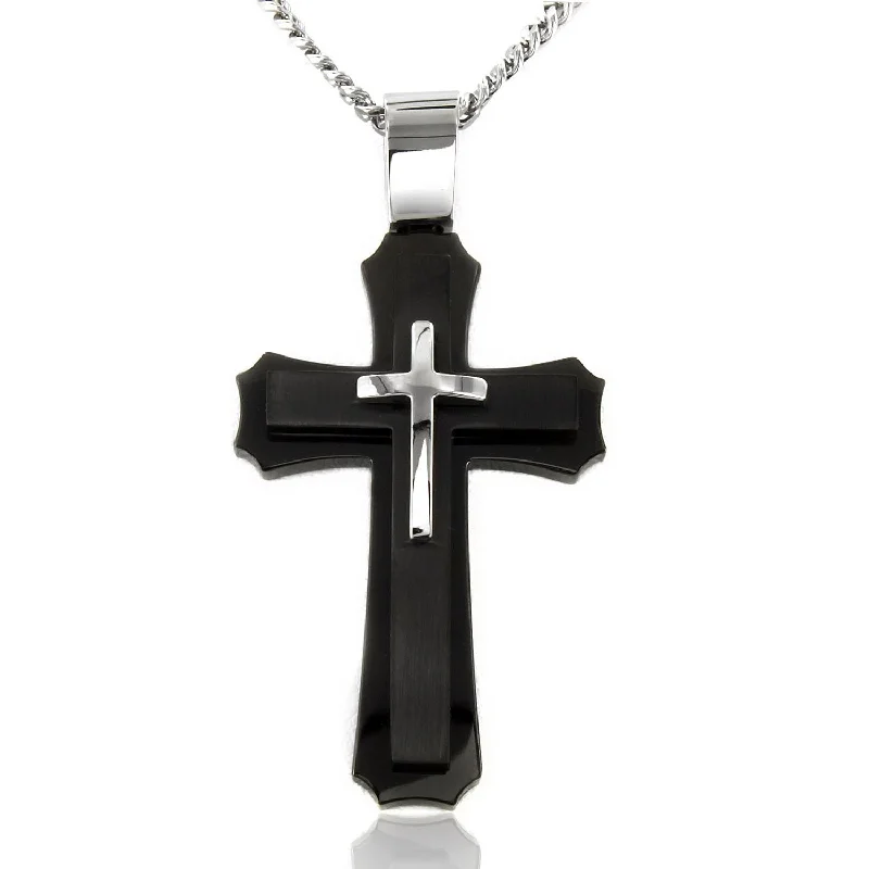 Black Stainless Steel 24-inch Cross Pendant