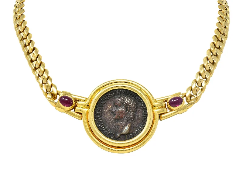 Bulgari Ruby Ancient Coin 18 Karat Yellow Gold Monete Roman Vesta Caligula Vintage Collar Necklace