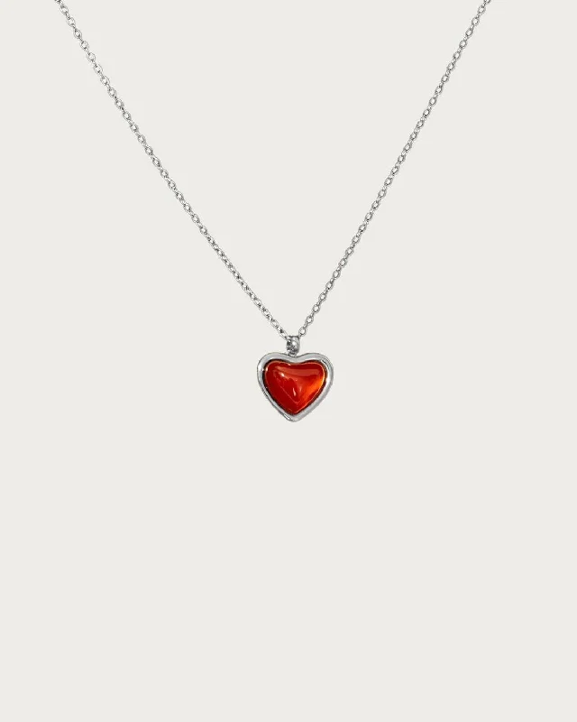 Carnelian Stone Heart Necklace in Silver