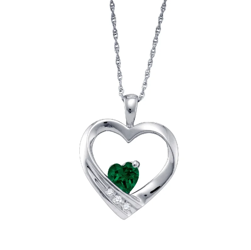 Created Emerald and Diamond 18-inch Heart Pendant in Sterling Silver