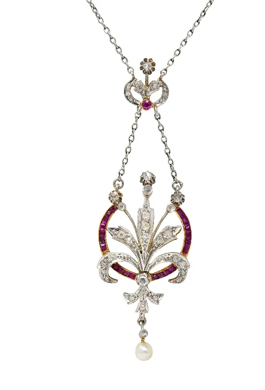 Edwardian 1.40 CTW Diamond Ruby Pearl Platinum 18 Karat Gold Antique Bouquet Necklace