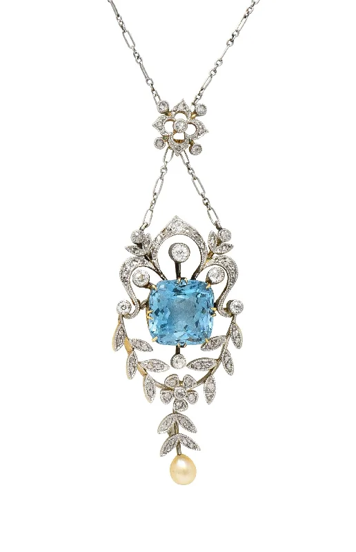 Edwardian 6.00 CTW Aquamarine Diamond Pearl Platinum 18 Karat Gold Antique Lavalier Necklace