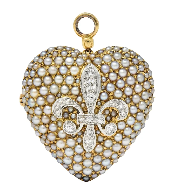 Edwardian Diamond Pearl Platinum 14 Karat Yellow Gold Heart Fleur-De-Lis Pendant Antique Brooch