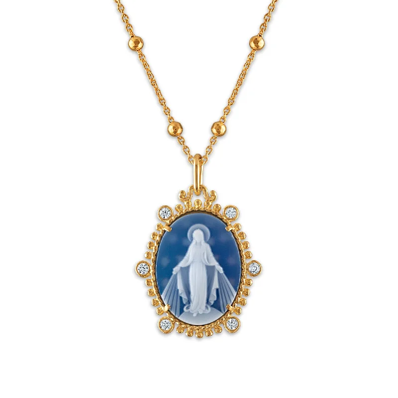 Frank Ronay Collection Blue Agate and Cubic Zirconia 20X16MM 18-inch Virgen Milagrosa Pendant in 18KT Yellow Gold Plated Sterling Silver