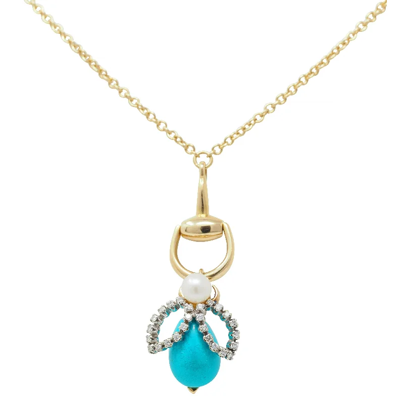 Gucci Turquoise Pearl Diamond Platinum 18 Karat Gold Horsebit Bee Pendant Necklace