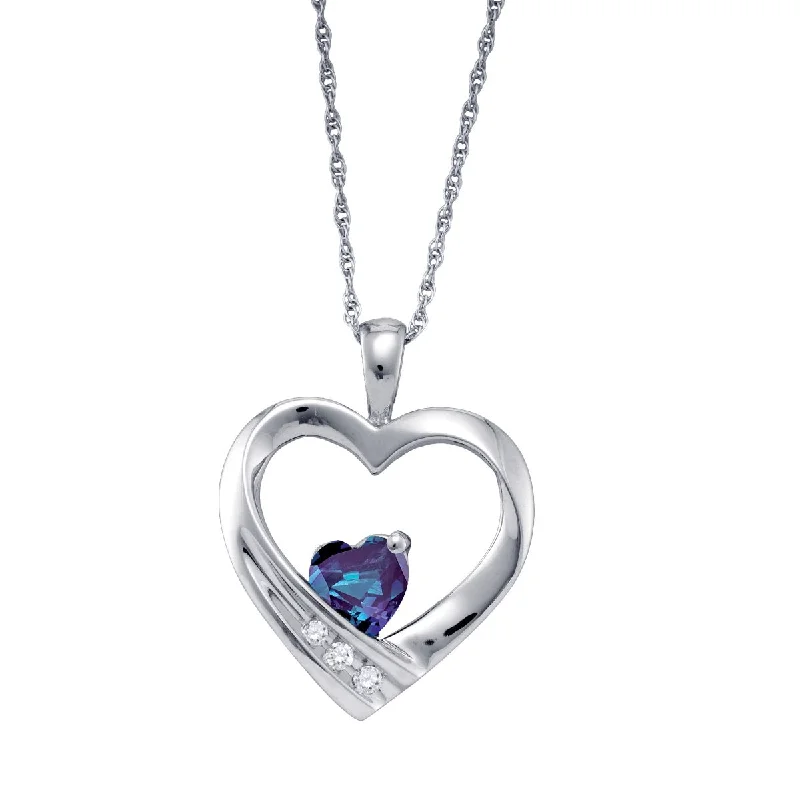 Heart Shape Alexandrite and Diamond Birthstone 18-inch Pendant in Sterling Silver