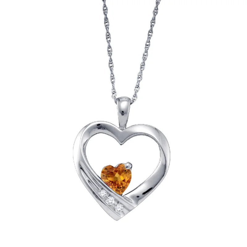 Heart Shape Citrine and Diamond Birthstone 18-inch Pendant in Sterling Silver