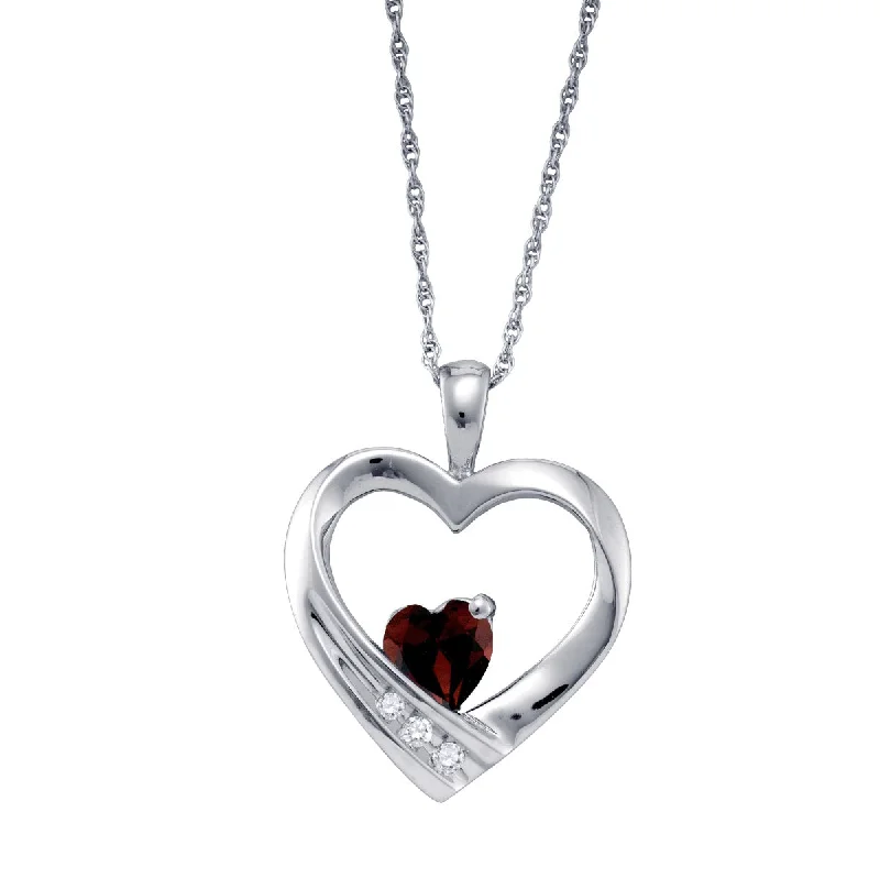 Heart Shape Garnet and Diamond Birthstone 18-inch Pendant in Sterling Silver