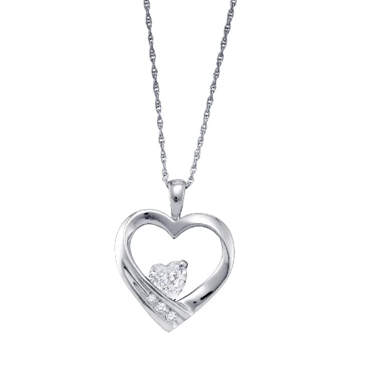 Heart Shape White Sapphire and Diamond Birthstone 18-inch Pendant in Sterling Silver