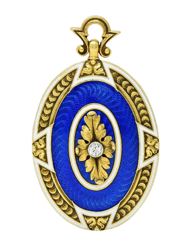 Henry Blank & Co. Victorian Diamond Guilloche Enamel 14 Karat Gold Antique Locket Pendant