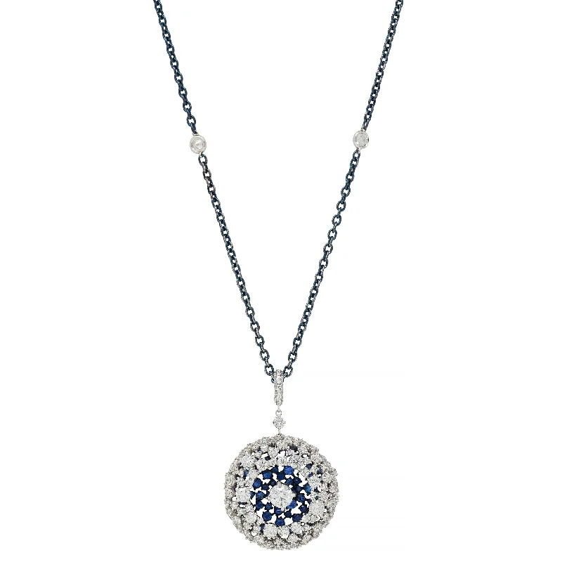 Mariani 7.25 CTW Sapphire Diamond 18 Karat White Gold Blue Rhodium PonPon Pendant Necklace