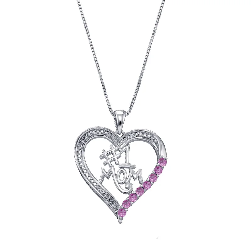 Pink Sapphire Heart Mom 18-inch Pendant in Sterling Silver