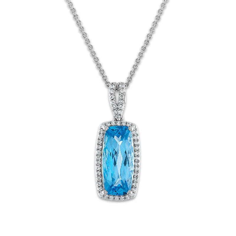 Red Hot Deal 15X7MM Cushion Swiss Blue Topaz and Sapphire Halo 18-inch Pendant in Sterling Silver