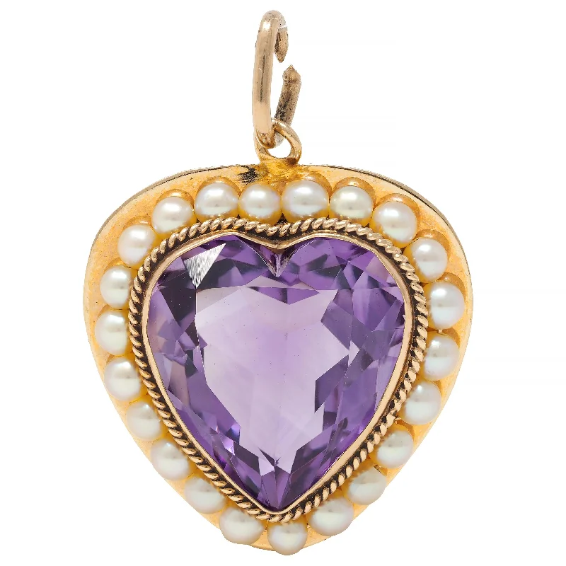 Retro Amethyst Pearl 14 Karat Yellow Gold Vintage Heart Pendant