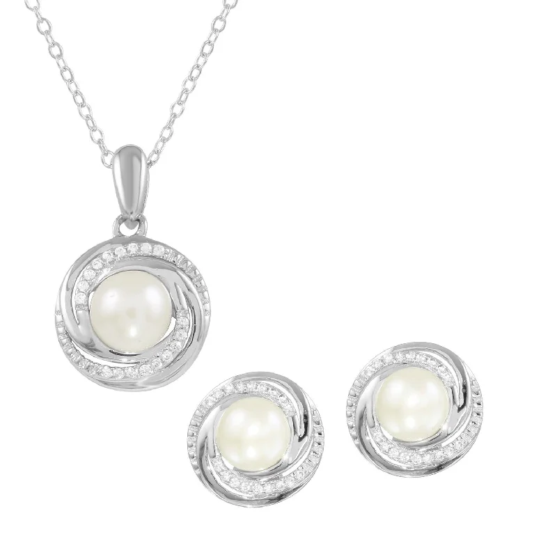 Round Pearl and Cubic Zirconia 18-inch Pendant in Sterling Silver