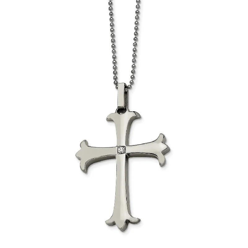 Stainless Steel Polished Cross w/ CZ Pendant 22in Necklace