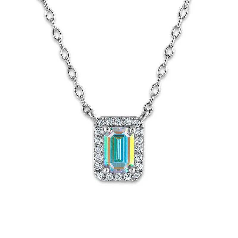 Sterling Silver 8X6MM Emerald Shape Cubic Zirconia 18-inch Halo Pendant