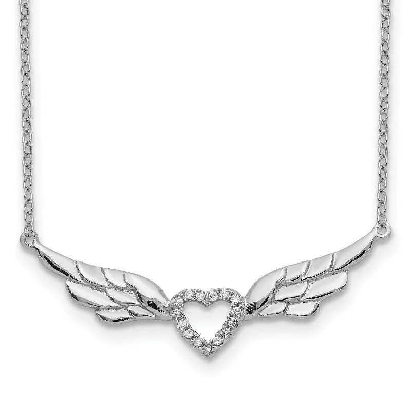 Sterling Silver Cubic Zirconia 17-inch 35MM Heart Wings Necklace