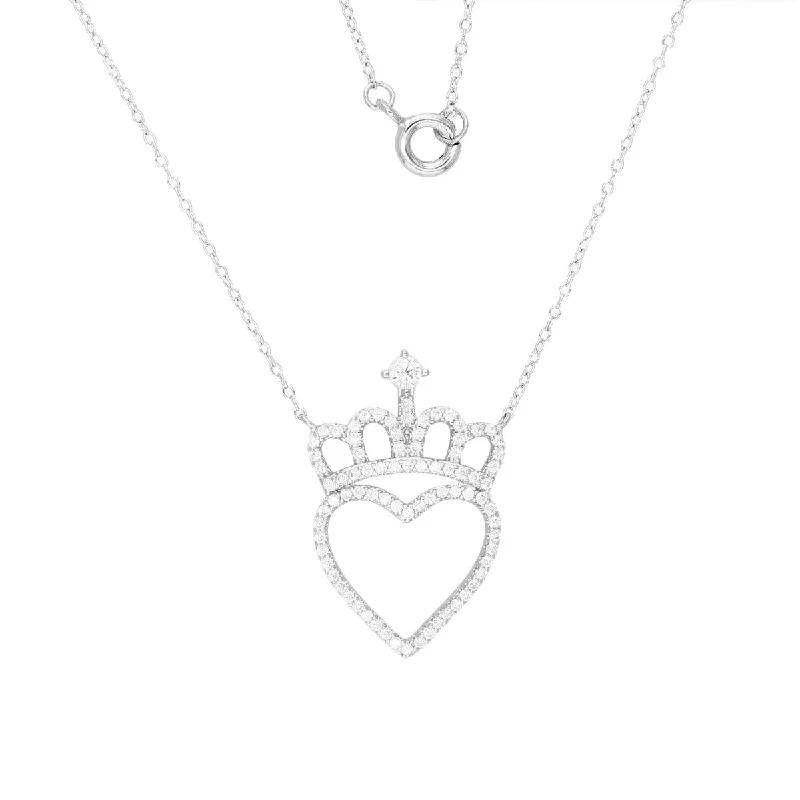 Sterling Silver Cubic Zirconia 18-inch Heart & Crown Pendant