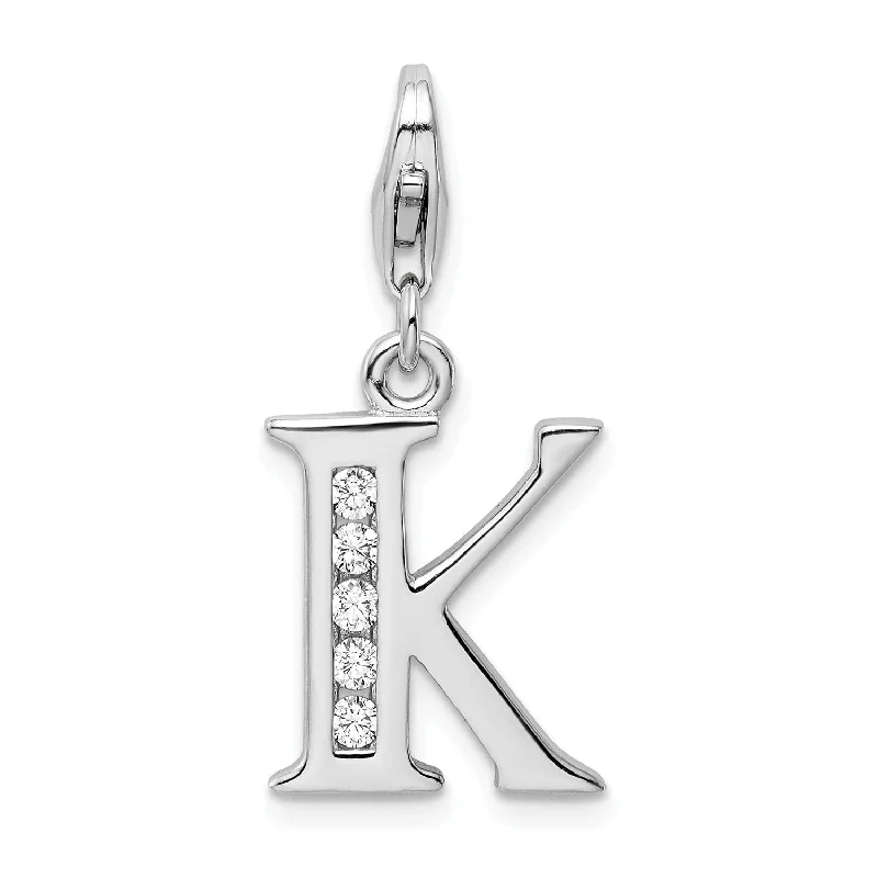 Sterling Silver Cubic Zirconia .5X12MM Lobster Clasp Initial Charm; Initial K