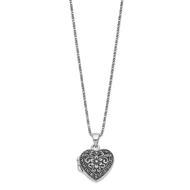 Sterling Silver Marcasite 18-inch 19MM Heart Locket Necklace