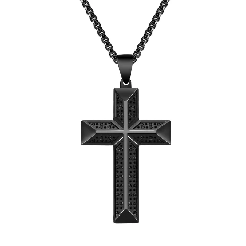 Titán by Adrian Gonzalez Black Stainless Steel 1/3 CTW Diamond 32X48MM 24-inch Cross Pendant