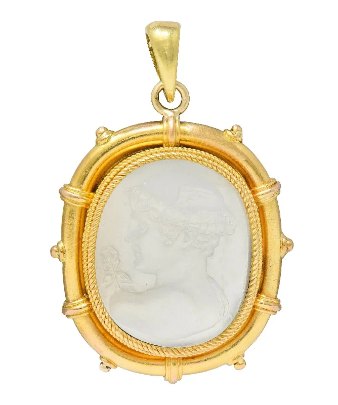 Victorian Carved Moonstone 14 Karat Yellow Gold Hermes Greek God Antique Cameo Pendant