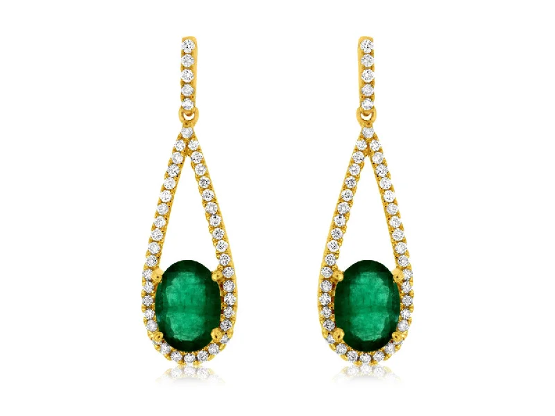 Oval Emerald and Open Diamond Halo Drop Earrings